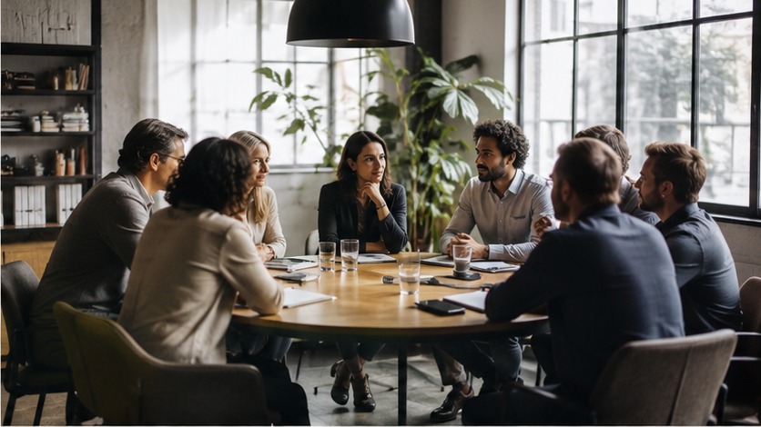 Reunión profesional de equipo en conversación estratégica